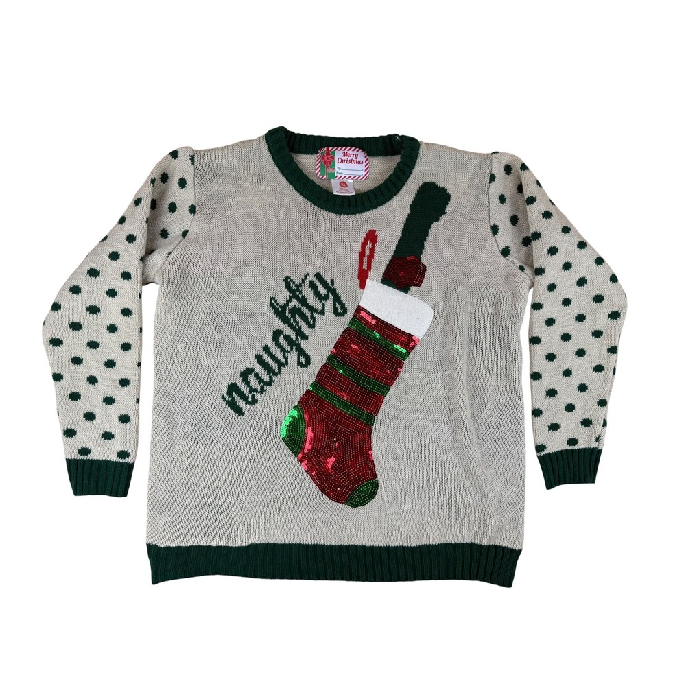 Ugly Christmas Sweater Acrylic Sequin Stocking XL Merry Christmas